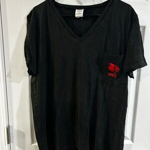PINK Victoria's Secret Black V-Neck Tee with Red Cardinals Logo
